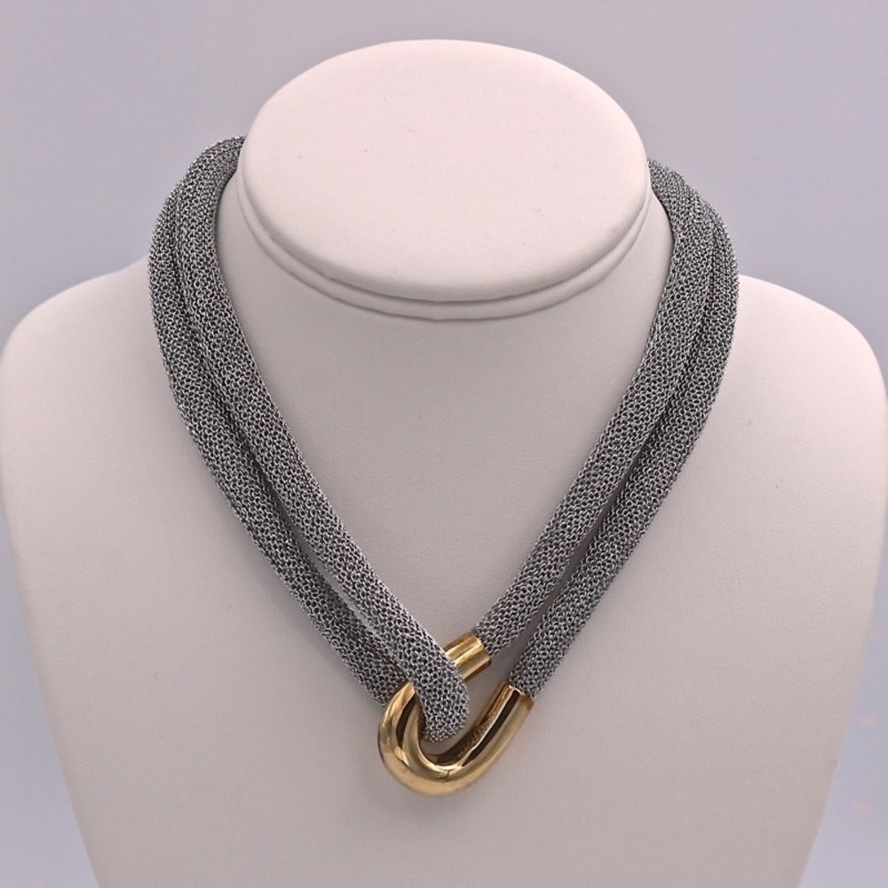 ADAMI & MARTUCCI Silver Mesh Necklace With Large Yellow Gold Loop